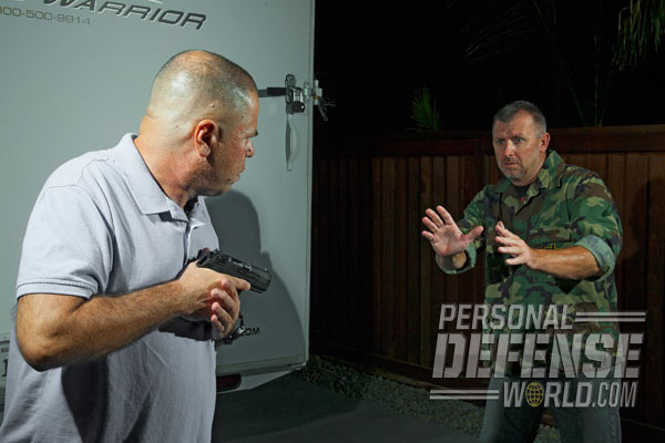 Tap and rack to ensure you have a chambered round and be prepared to fire if necessary.