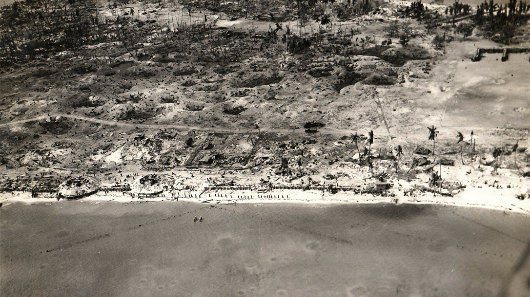 View of the beach of Betio Island, Tarawa Atoll, Gilbert Islands, after the US invasion in November 1943.