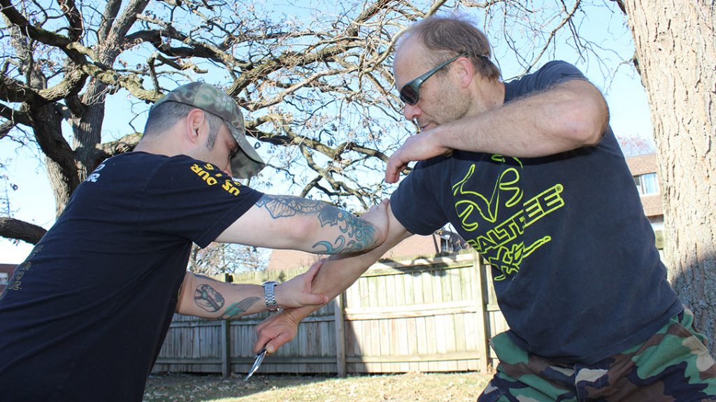 In knife defense, it is vital to control the limb that controls the weapon. If the limb is disabled, so is the knife.