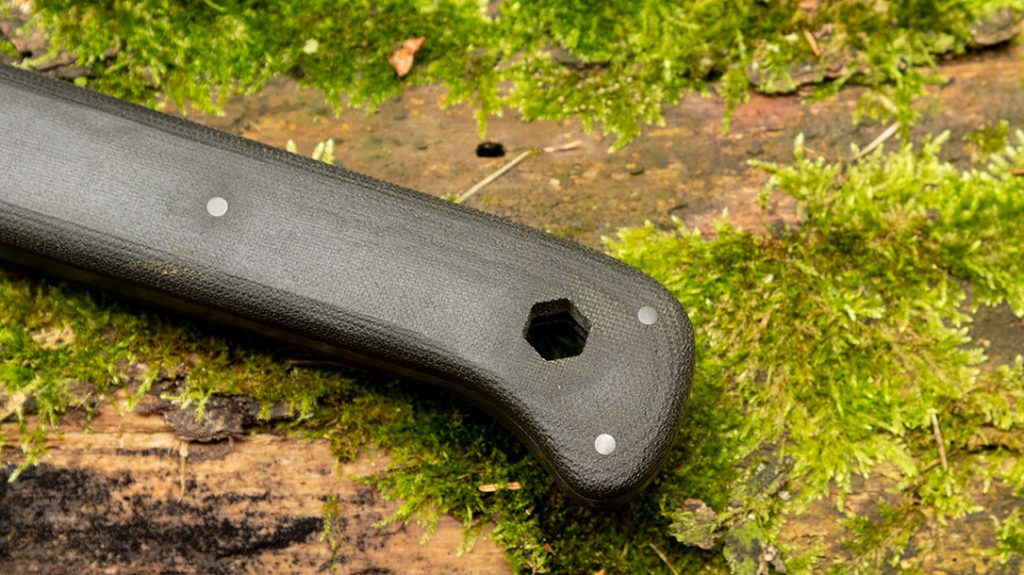 At the knob is a hexagonal lanyard hole so you can add a lanyard for additional retention during hard use.