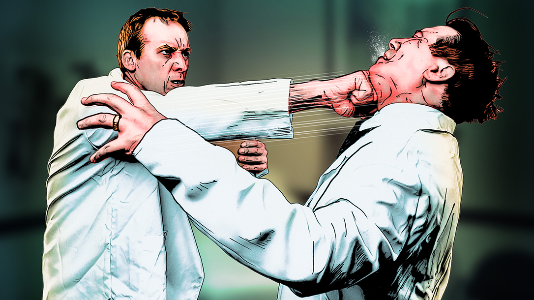 Throat punch will usually end that office fight quickly!