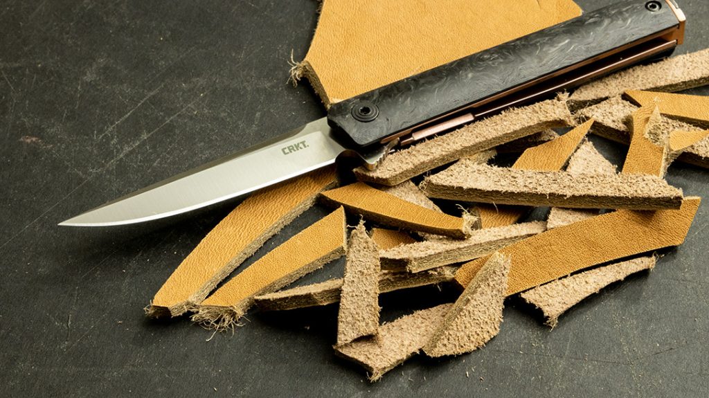 The CRKT CEO Compact Carbon Fiber cut this heavy-duty leather with no snagging or tearing.