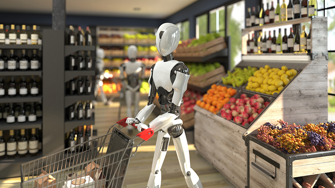 A humanoid robot with a shopping cart is shopping at a grocery store.