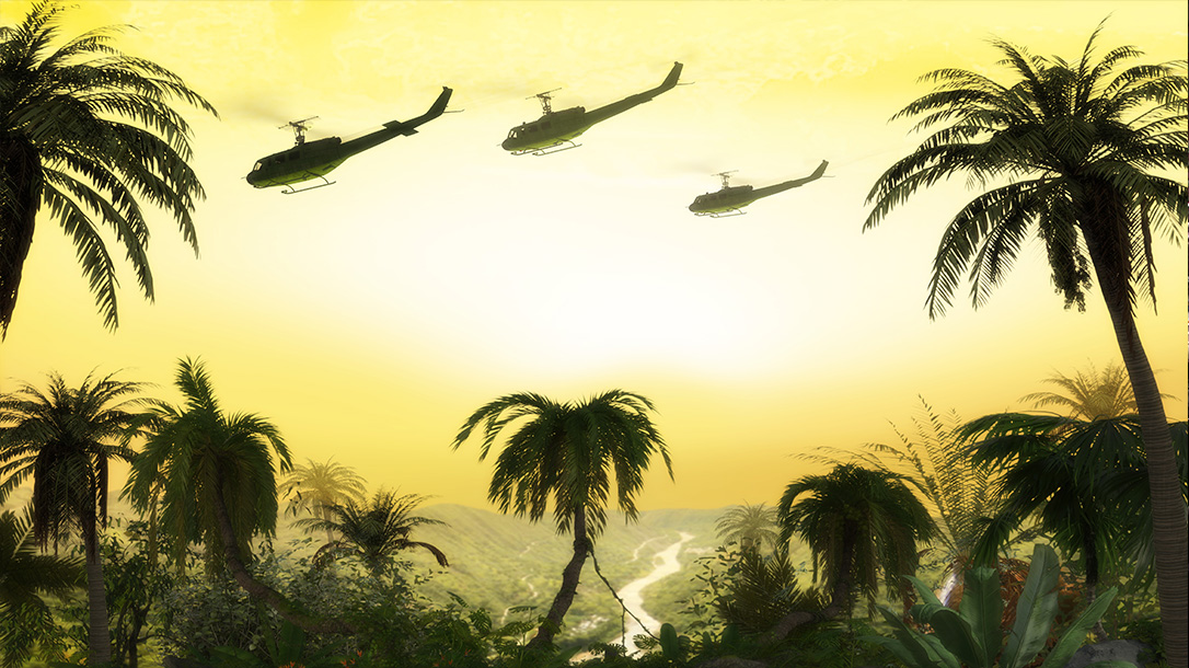 A group of Bell helicopters moves through the Vietnam sky.