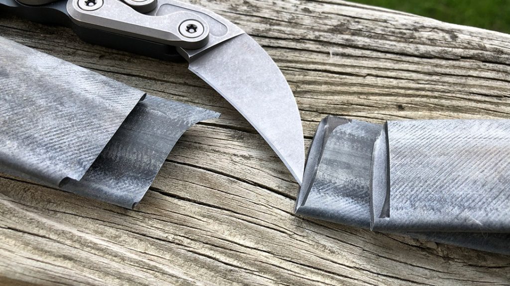 Even after all of the other testing the CRKT Provoke Compact cleanly sliced this doubled up bike inner tube.