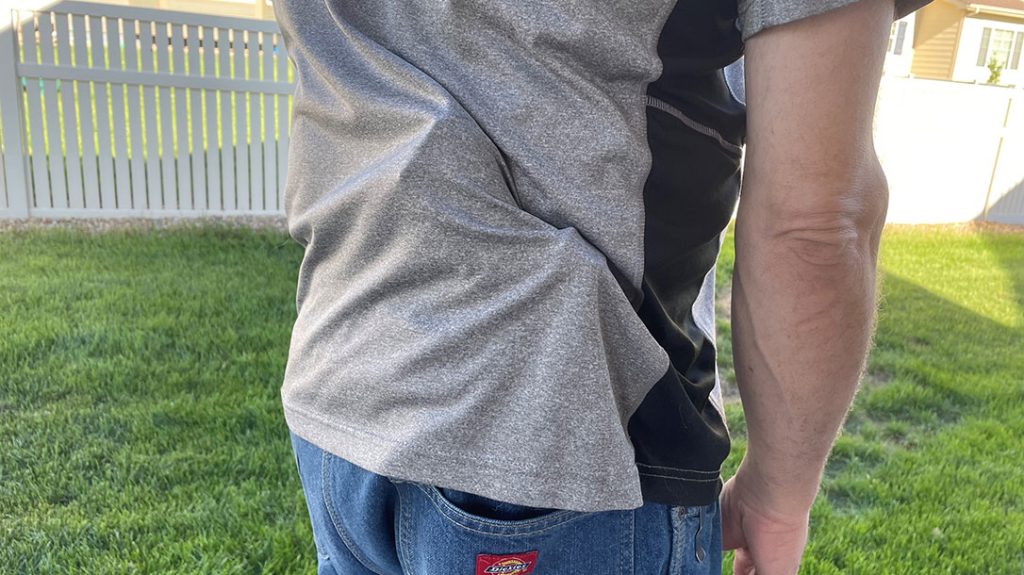 The first line of defense when it comes to handgun retention for civilians is proper concealment. This is an example of bad concealment.
