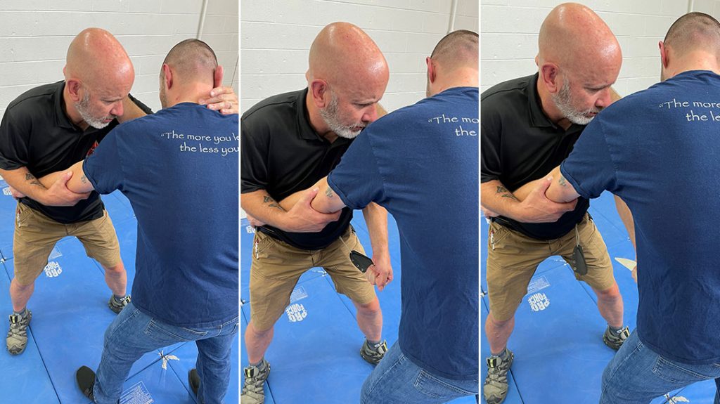 This sequence demonstrates a practical use of the knives for handgun retention.