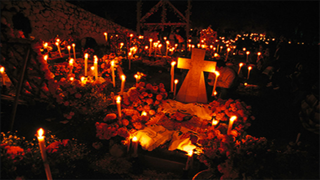 Graves and burial sites are typically decorated during the Dia De los Muerto celebration.