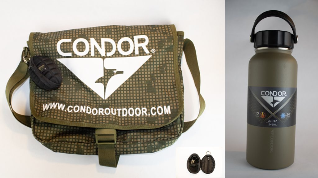 A 32-ounce Vacuum sealed thermal bottle, shoulder bag and genade key chain pouch from Condor Outdoor.