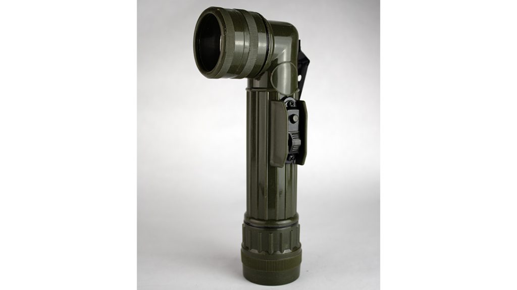 The old school military flashlight returns in the Fox Outdoor Products Angled Flashlight.