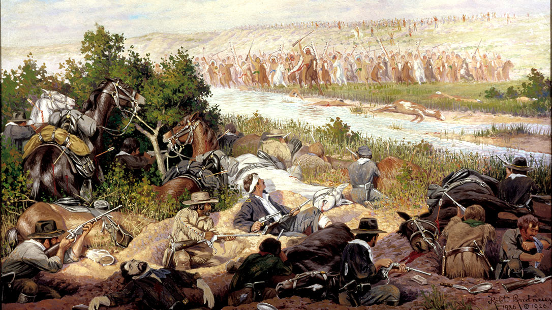 This 1926 painting by Western specialist Robert Lindneux is the most accurate visual depiction of the battle. It shows the scouts with their Spencer carbines behind their dead horses in shallow holes dug with tin plates, cups and knives, on the brush-covered, island. The thrice-wounded Major Forsyth, his leg and head bandaged, remains in command in the lower center.
