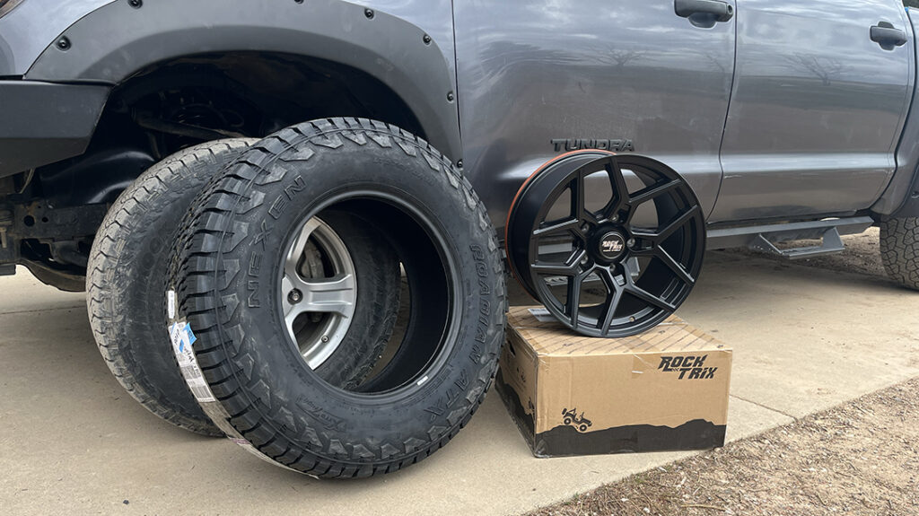 Upgraded tires for off-road driving.