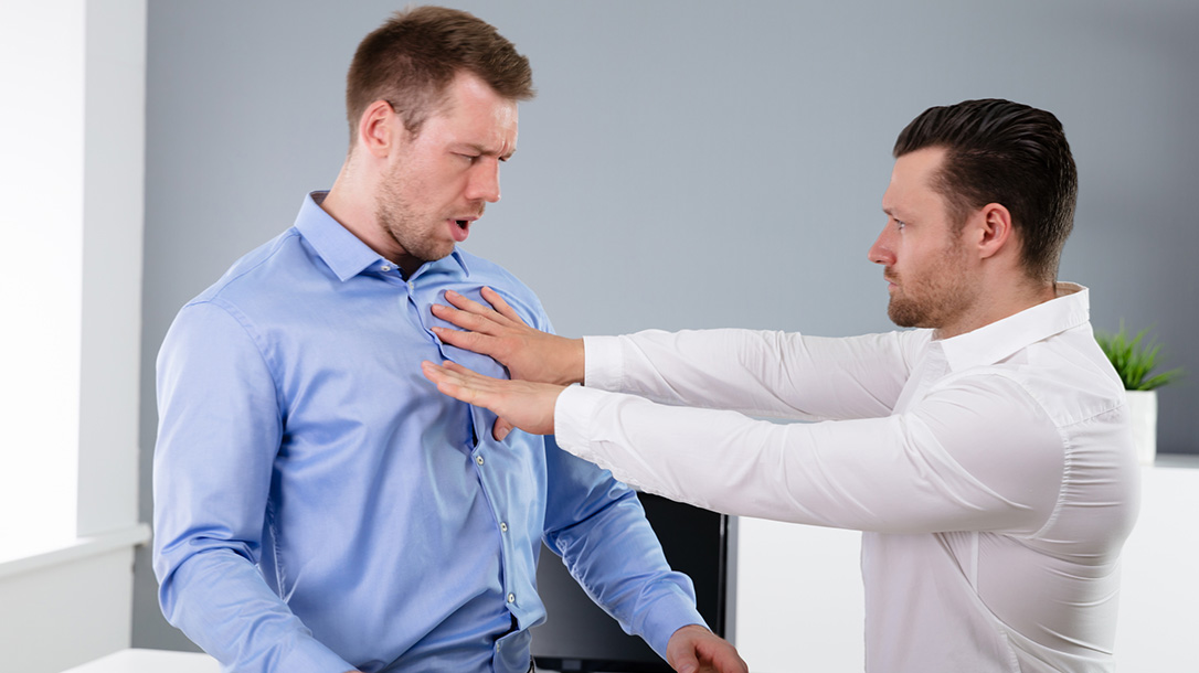 Pushing is usually the first sign that your aggressor wants to get a reaction from you.