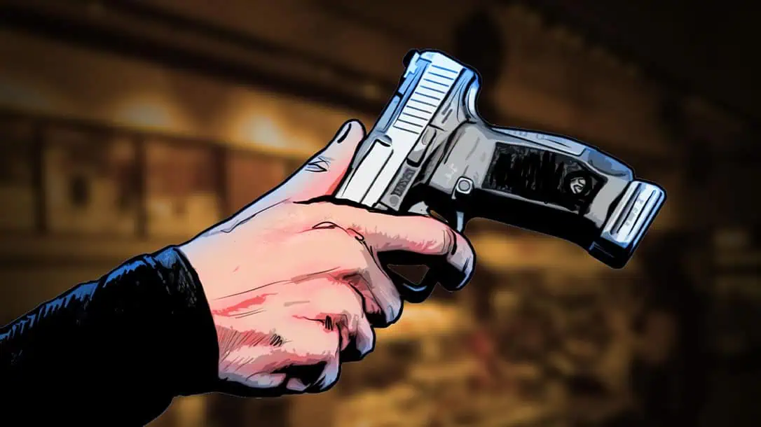 Use the inside bottom edge of your pistol magazine to hit the side of the head between his ear and temple. 