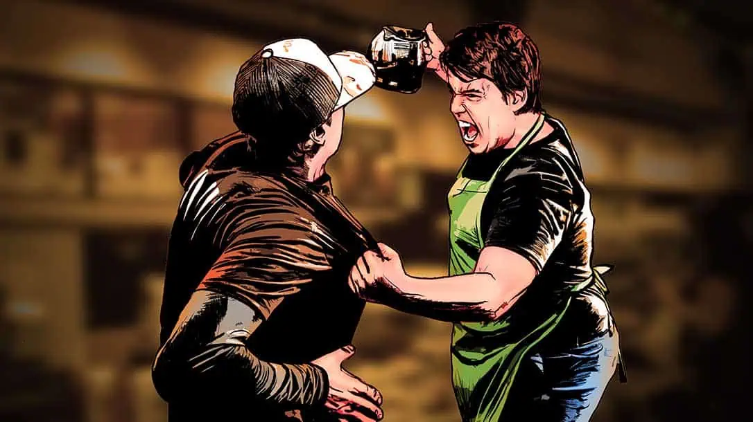 Two guys are arguing over a half-filled coffee pot. Starbucks employee is holding a pot over their head as if he is going to hit our hero with it.