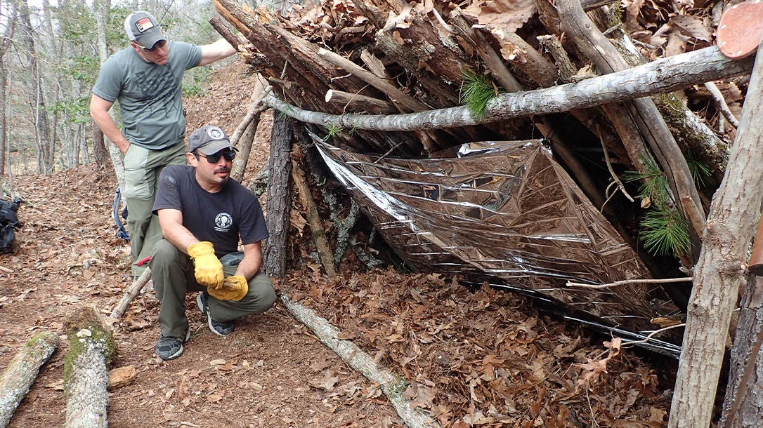 The author taught first responders how to build a lean-to shelter in North Carolina. They used leaves and pine straw for bedding and thatching.