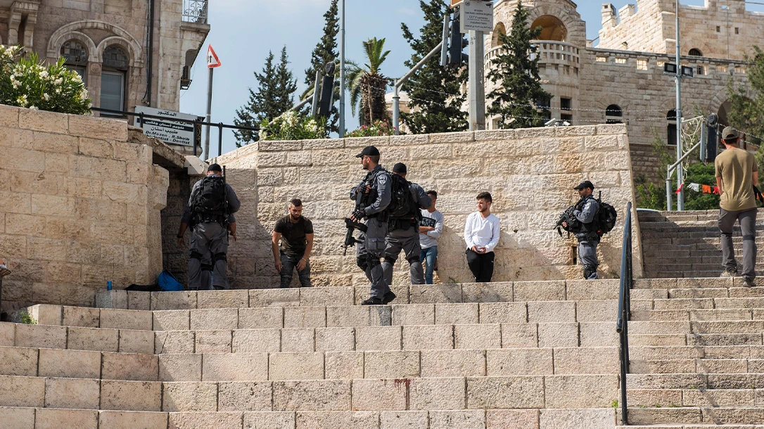 JERUSALEM, ISRAEL - MAY 15, 2018: Israeli police troops patrolling in Jerusalem during the Nakba Day. In Jerusalem, police often clashes with Palestinian rebels