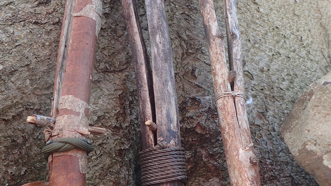 Three sets of tongs using Whipping (middle) and Constrictor Knots (ends). Cordage was saved with the Constrictor Knots and every bit as strong.