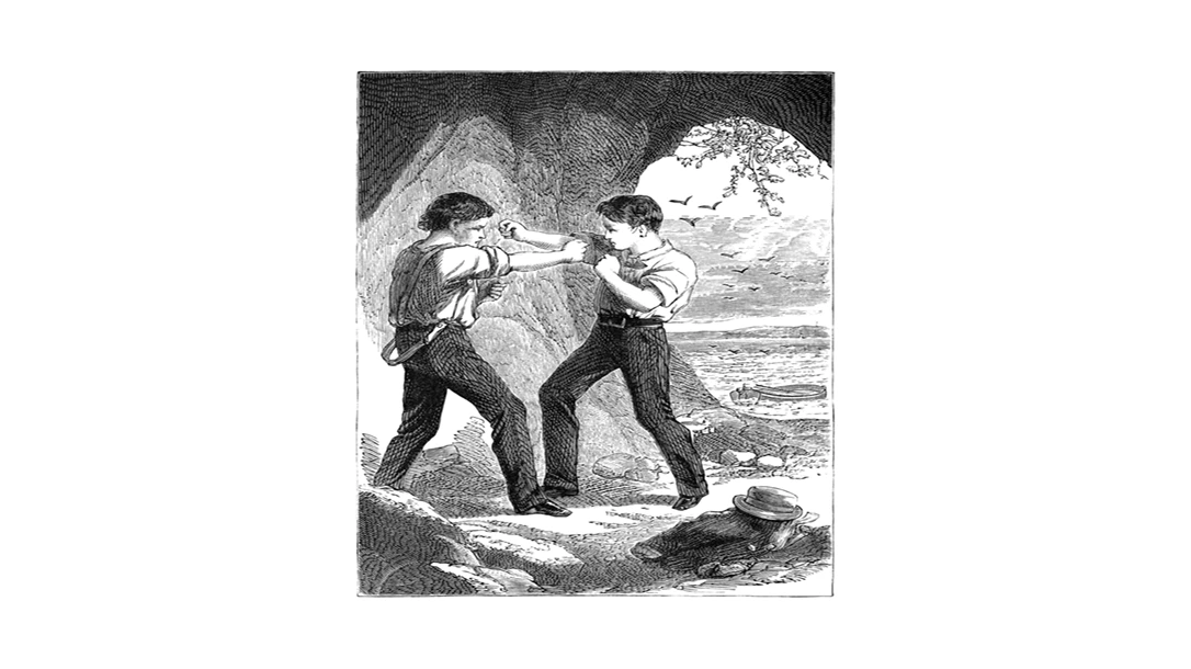Two boys bareknuckle boxing back in the early days.