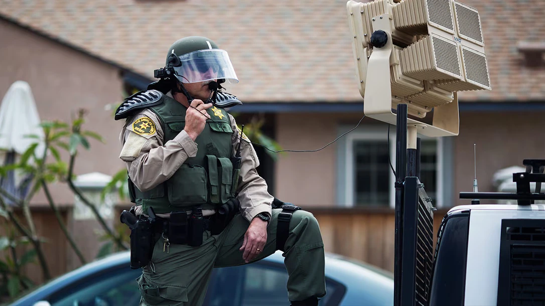 Police use an LRAD device for crowd control.