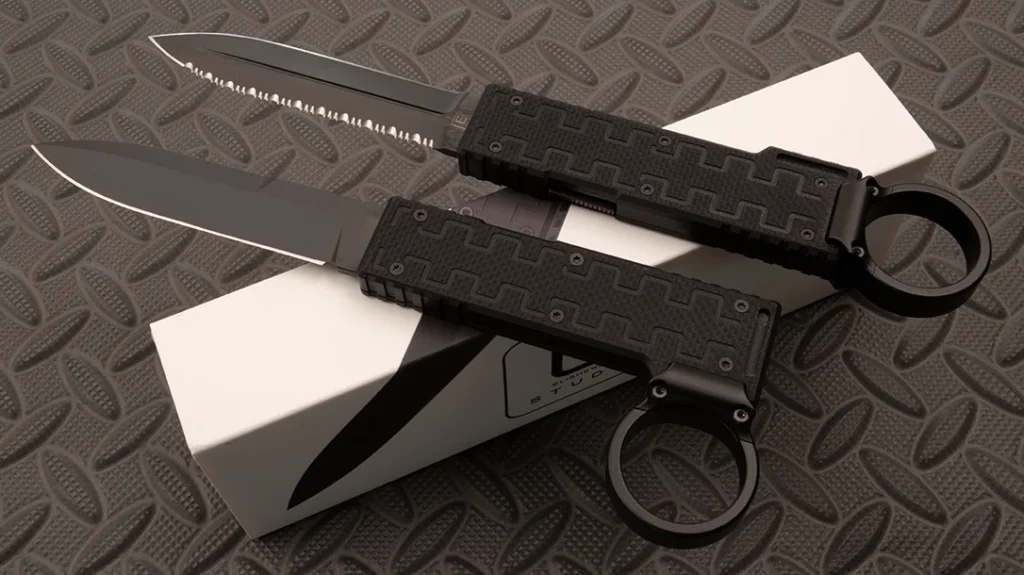 For enhanced grip security, more handle length, and/or ultra-deep concealment, the knife includes an optional ring. Its patent-pending design allows it to be attached to the end or the side of the handle.
