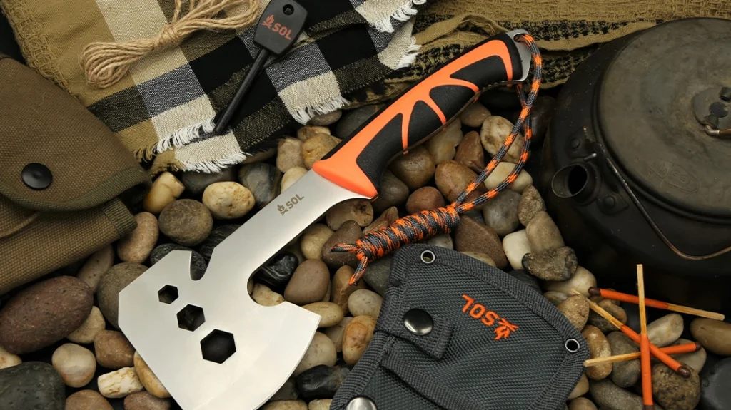 The SOL Stoke Camp Hatchet is ideal for adventures, featuring a full-tang 420 stainless steel blade and an ergonomic handle.