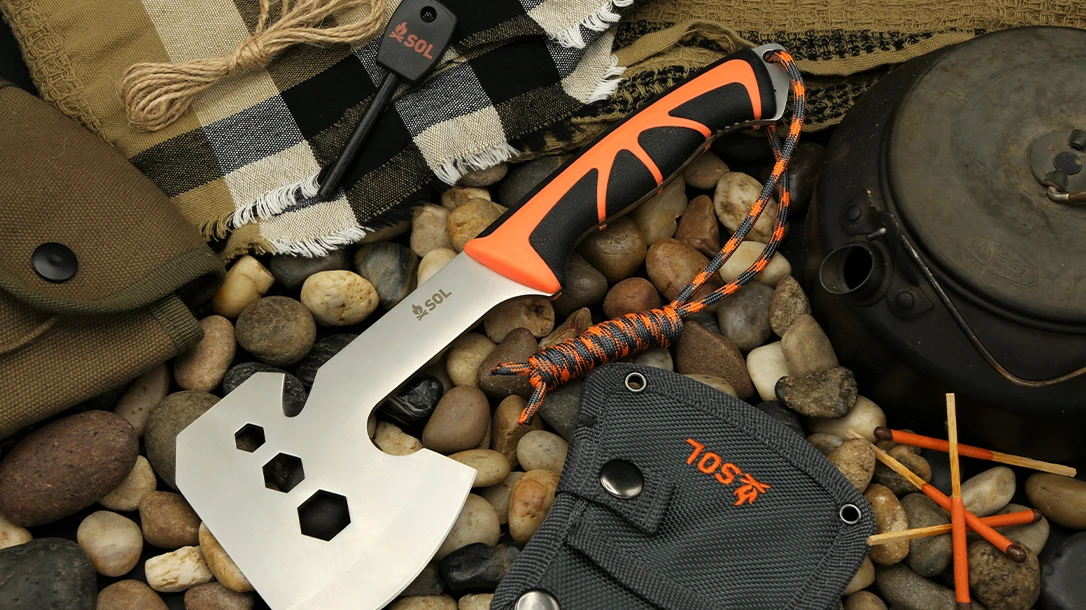 The SOL Stoke Camp Hatchet is ideal for adventures, featuring a full-tang 420 stainless steel blade and an ergonomic handle.