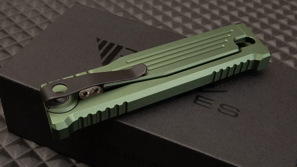 The Blade HQ Reate EXO-M includes a reversible deep-pocket clip. Although butt mounted, because of the knife’s design, it provides tip-down carry and a quick, fluid draw.