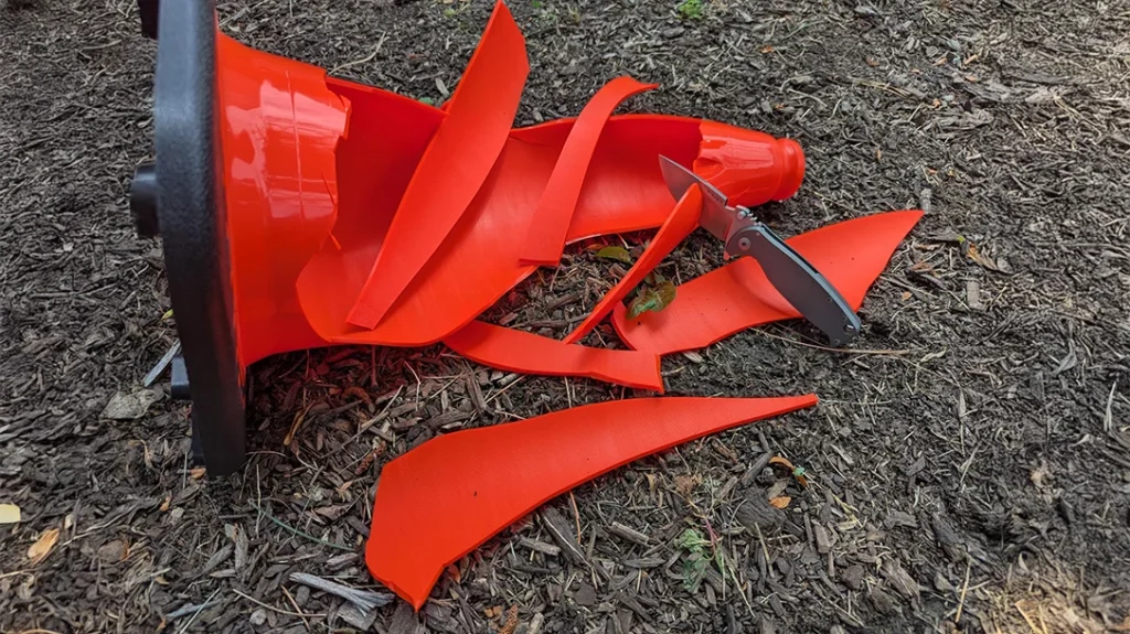 It was impressive how easily the blade pushed through and just sliced the construction cone up like it was nothing.