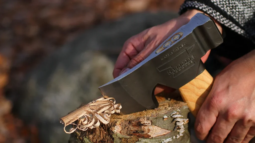 The author created feather sticks by pressing the heel into a log and then pulling the sticks back against the edge.