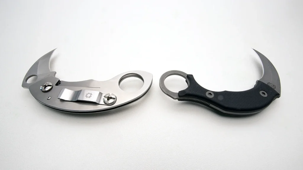 The knife on the left has no “brake” in the handle design. The knife on the right includes one—a concave scallop that contours around the middle finger during extended pulling cuts.