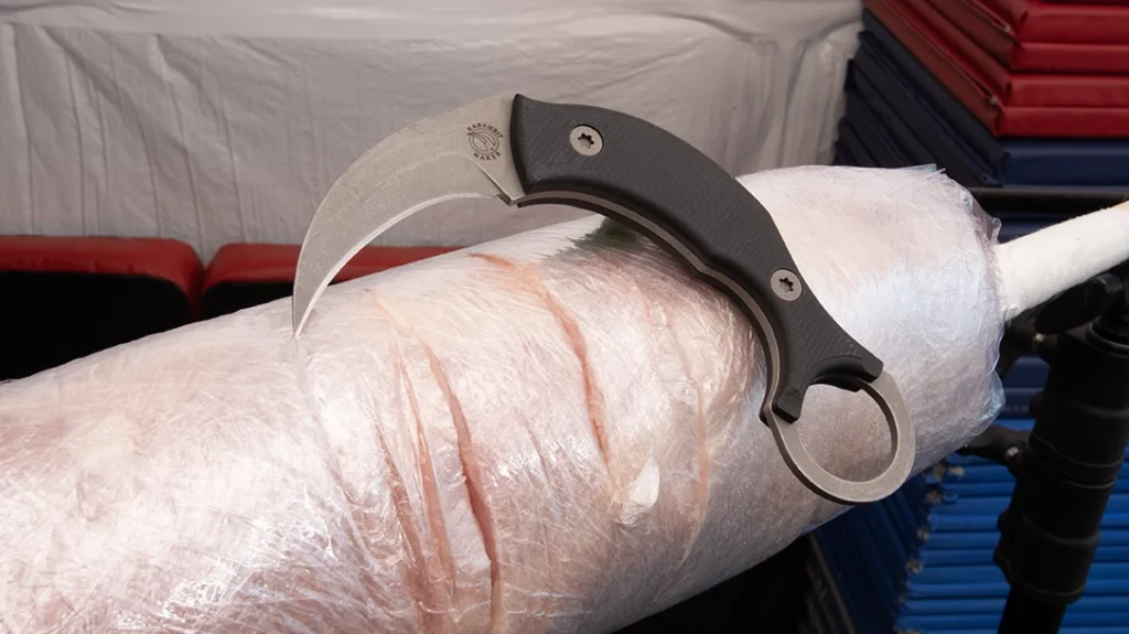 “Pork Man” is a test-cutting target that accurately replicates the resistance of a human arm or leg. It’s the perfect medium for separating functional performance from theory.