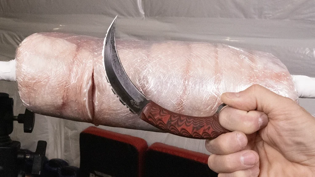 A spinning extension cut with this karambit produced a cut about an inch deep on Pork Man, however, its performance was very distance-specific.