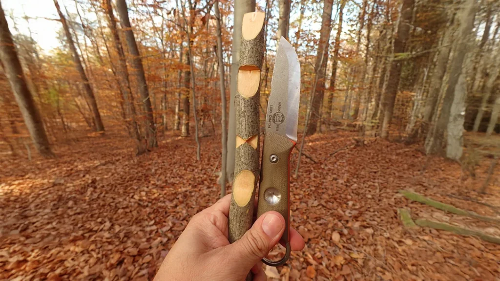 The author made a try stick utilizing the sharp edge of the White River Knife & Tool FC-PKO Puukko. Eleven notches were made in total.