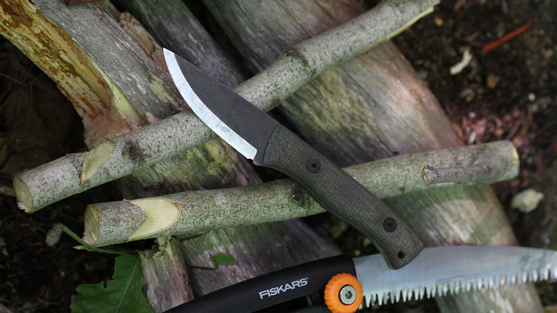 The writer crafted camp tools using a small Fiskars saw and a KBK Cub, making several pothangers.