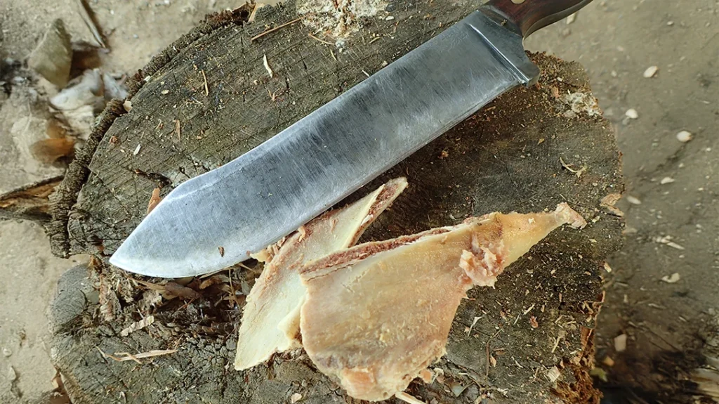After chopping elk and pork bones, the blade was unphased.