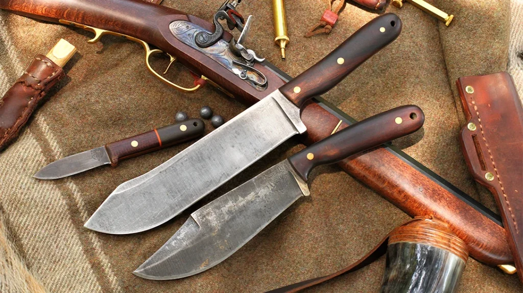 The BFK Hudson Bay Chopper (center) with the Bear Forest Knives Wood Butcher Bowie (bottom) and Kephart-inspired GT-3 (top).