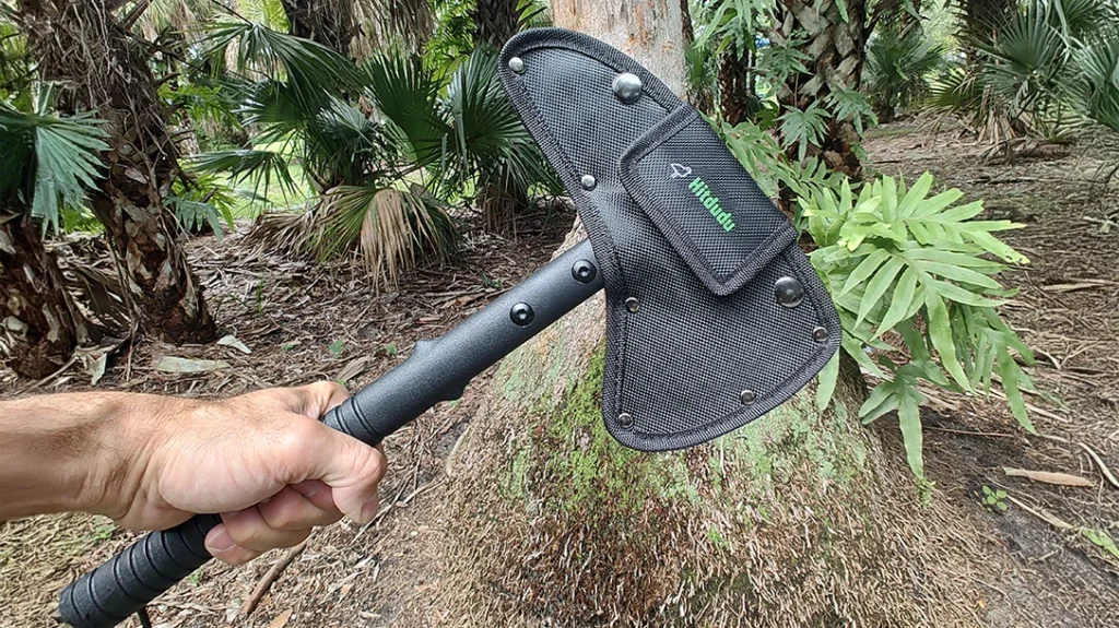 The sheath protected the blade and spike, but was very difficult to remove and replace without safety being a concern.