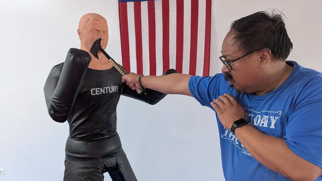 If you are going to practice Combatives with a tomahawk, I suggest practicing on a training dummy or a tree.