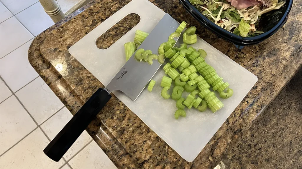 The Nakiri has to be used to be appreciated in the way it moves through vegetables using push cut technique.