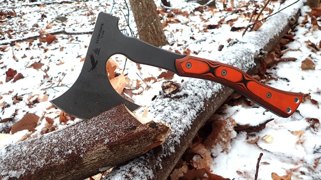 The TOPS Knives Ucon Hawk was surprisingly effective at splitting wood for fire and other bushcraft tasks, despite its flat, ¼ inch-thick 1095 carbon steel blade.