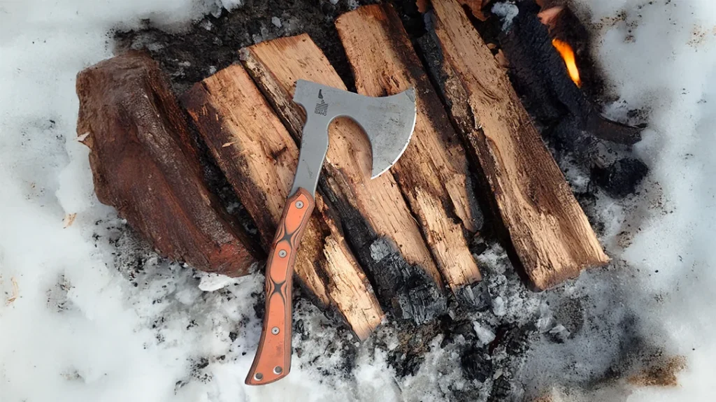 Using split oak from a previous fire as a platform, a new log-cabin fire was made with the assistance of the Ucon Hawk.