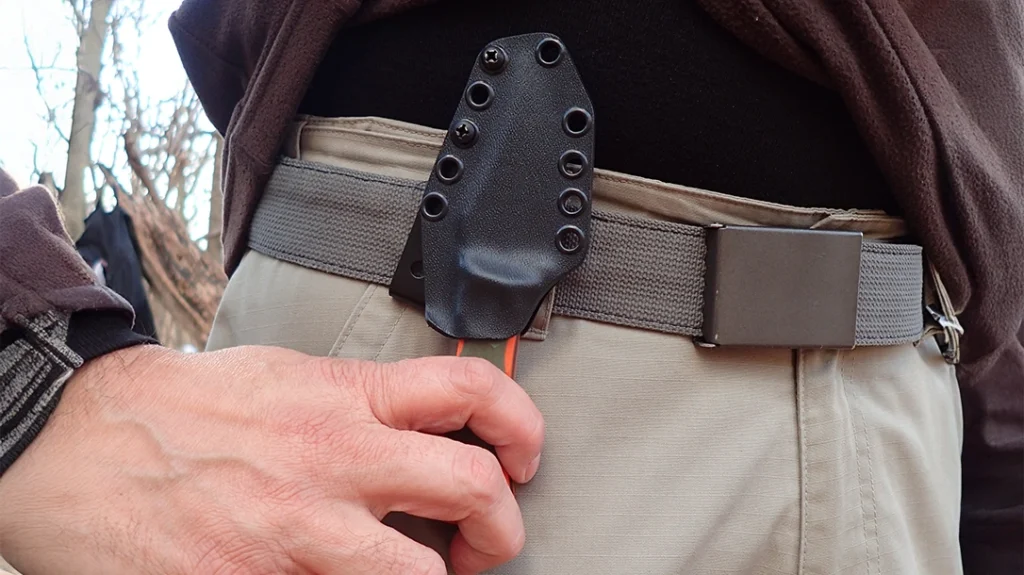 The author tucked the Auxiliary Manufacturing Pocket Bowie EDC Knife upside down, keeping it secure and conveniently within reach.