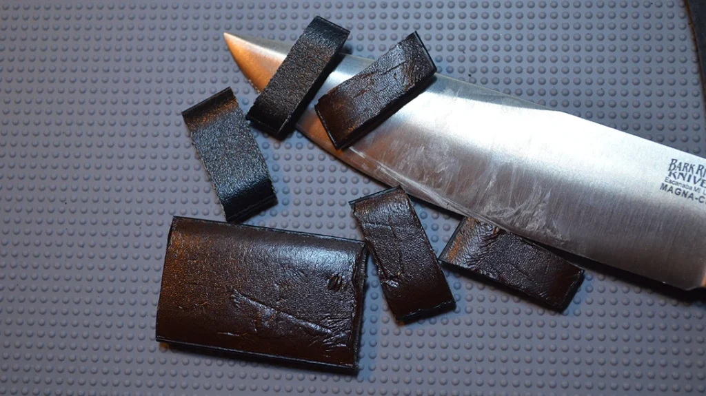 A leather belt was no match for the Bark River Knives Red Flag.