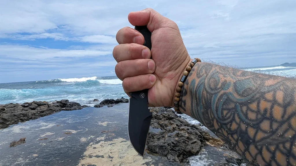 The Boker Plus Kagat becomes a part of the hand in a reverse grip.