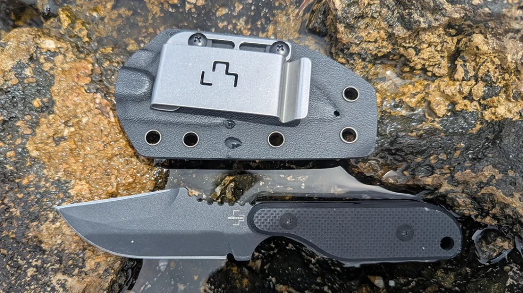 The wide belt clip on the sheath provides for several carry options, on the belt, IWB, in a pocket, or on MOLLE webbed gear.