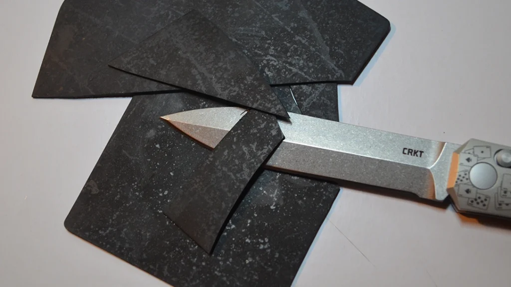 Swatches of rubber were sliced with ease.