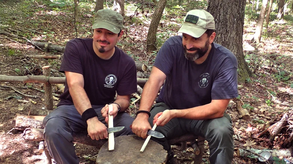 Reuben Bolieu and Patrick Rollins of ESEE Knives performing a demonstration during a Randall’s Adventure Training course.