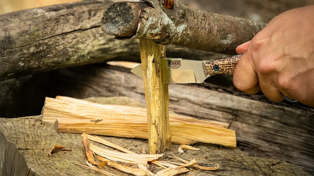 The author batoned some small rounds, prepped food, shaved tinder, and used it for general camp tasks with the Gibson Belt Knife.