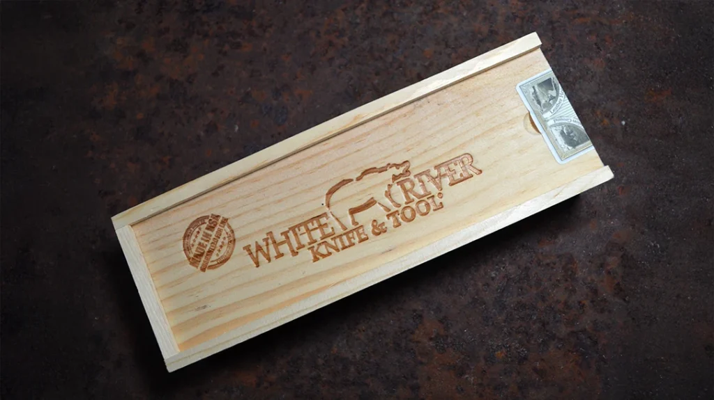 Every knife from White River Knife & Tool, like the Camp Cleaver, comes in a handsome wood display box.